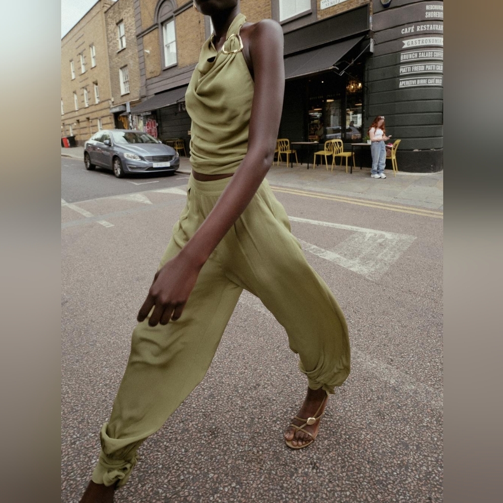 Zara Set Halter Top Tie Back Sz M+ cuffed balloon pants Sz L light khaki Nwt - Picture 11 of 14